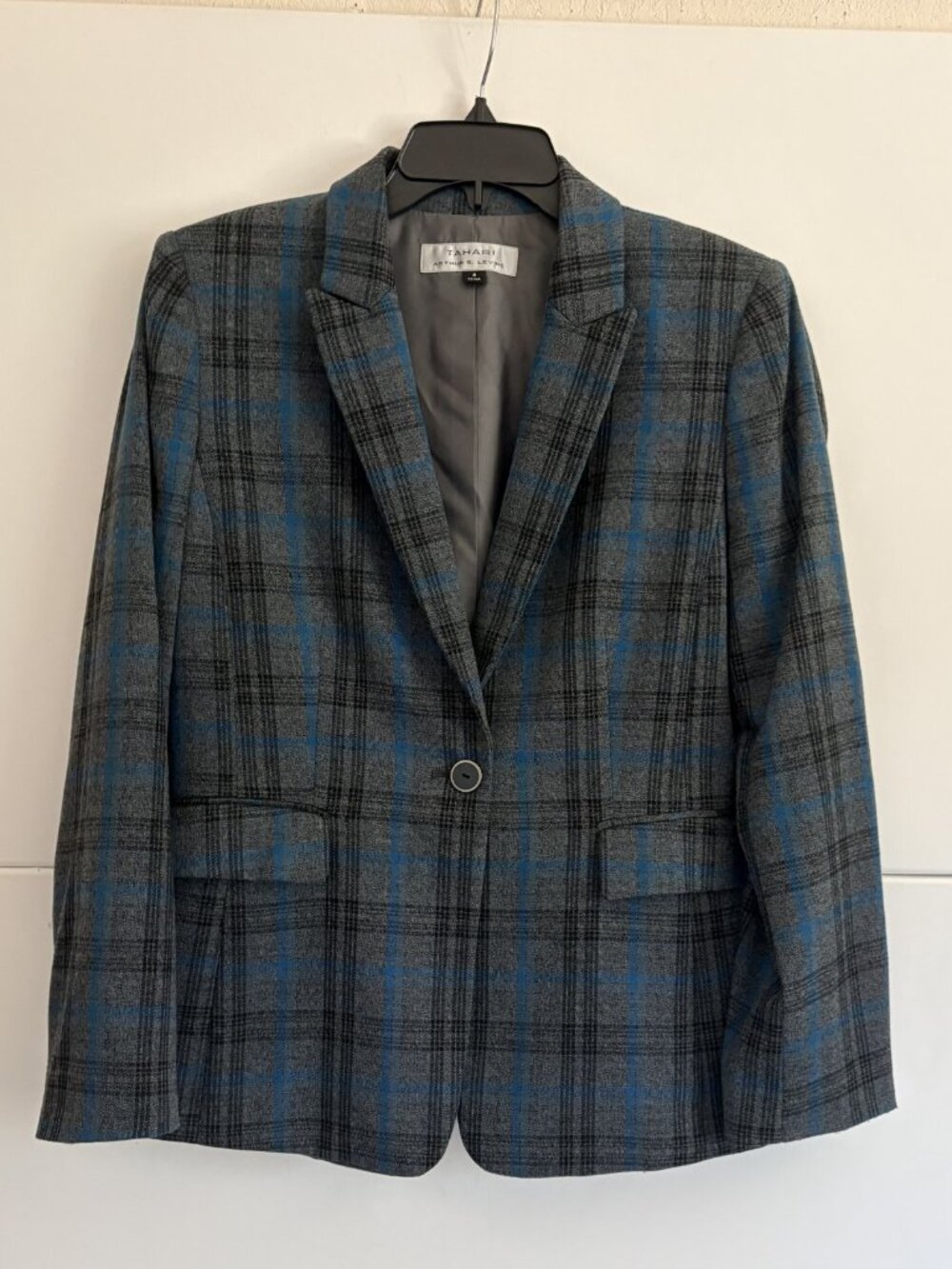 Tahari Gray and Blue Plaid Single Button Preppy Fall Blazer Jacket Size 8